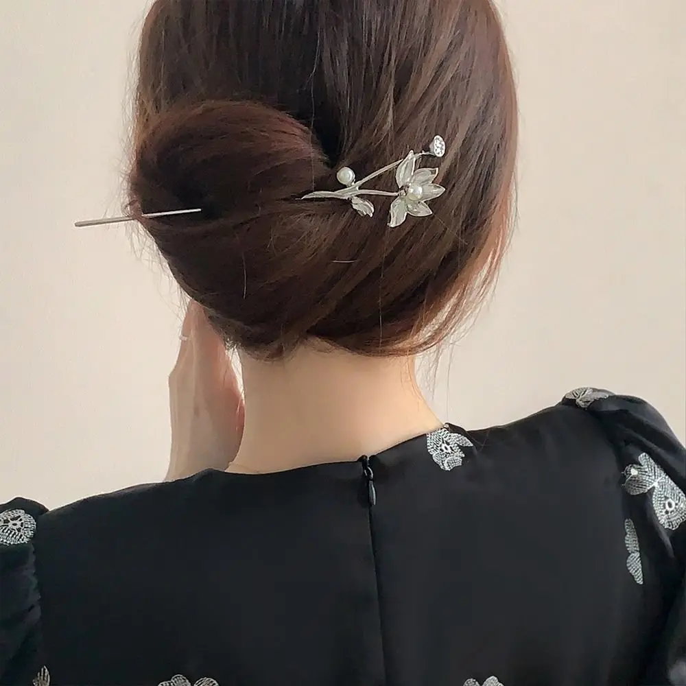 

New Chinese Style Lotus Pearl Metal Hairpin Hair Sticks Simple Classical Antique Hanfu Headdress Hair Accessories