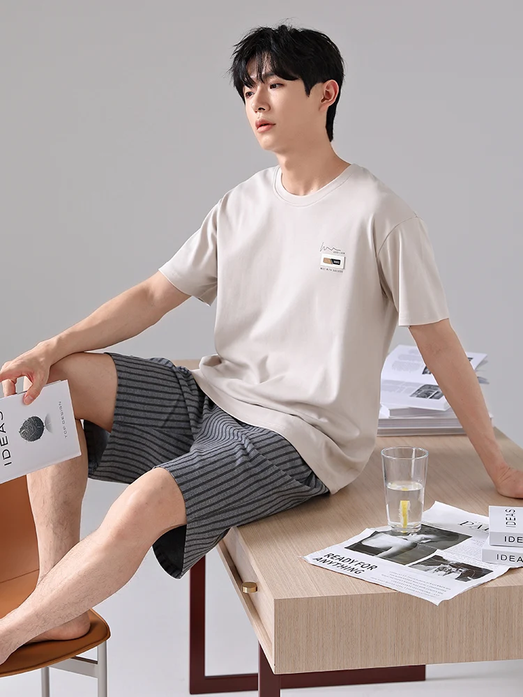 Пижамы мужские летние хлопковые тонкие шорты с короткими рукавами и круглым