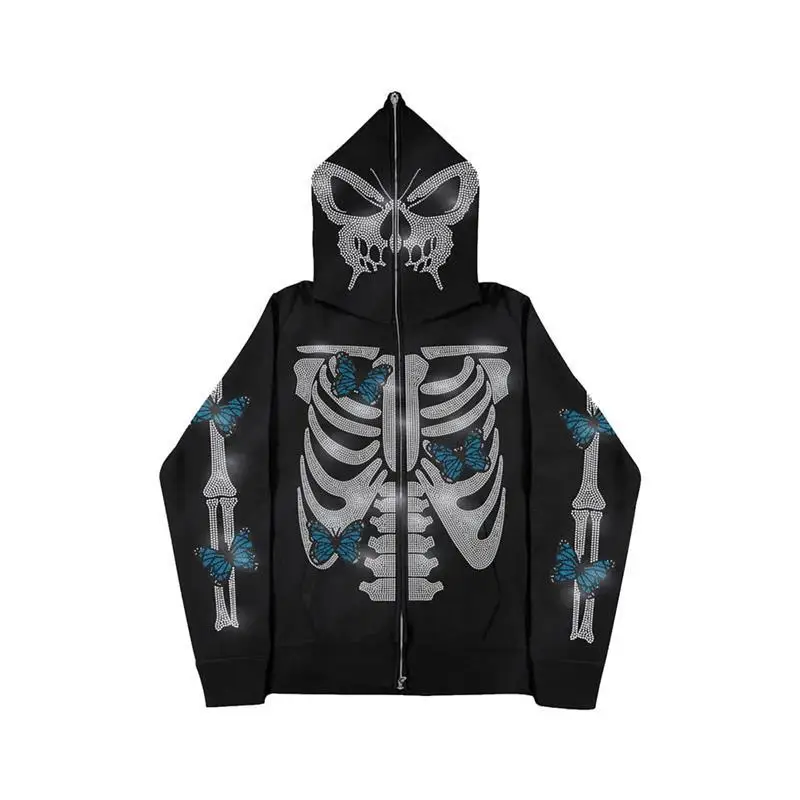 Y2K Full Zip Up Hoodie Men Autumn Winter Gothic Rhinestones Spider Web Sweatshirt Hip Hop Grunge Skeleton Oversized Jacket Coat