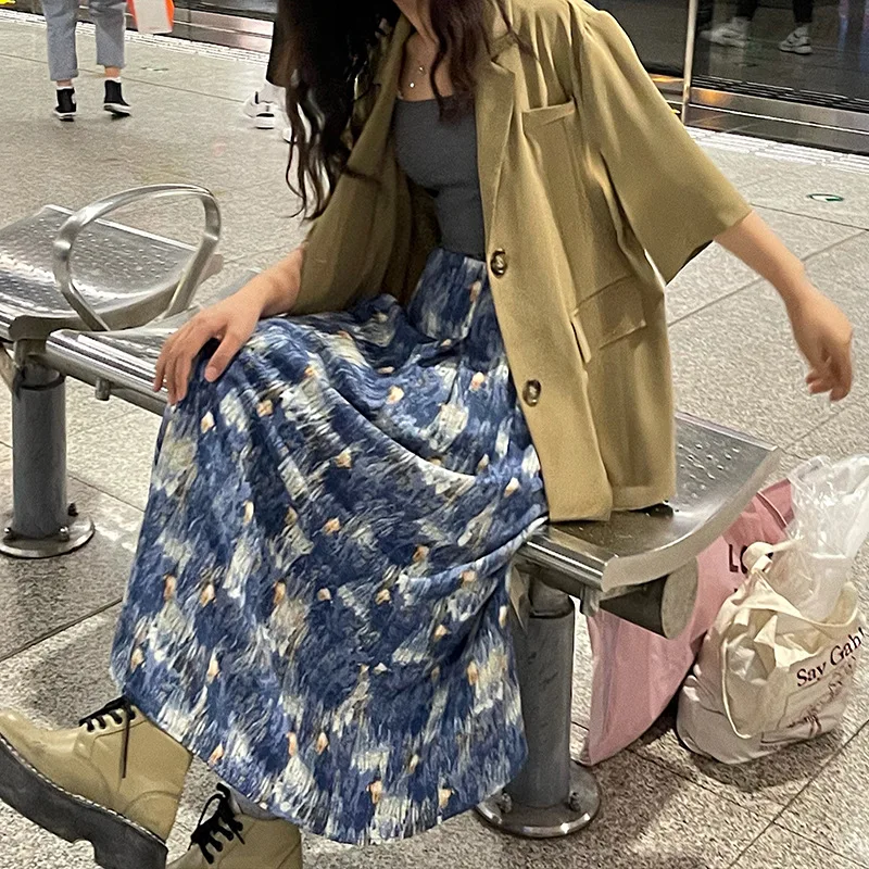 

Retro Oil Painting Style Floral Skirt Women's 2022 Summer New All-match Thin Mid-length High-waist A-line Skirt