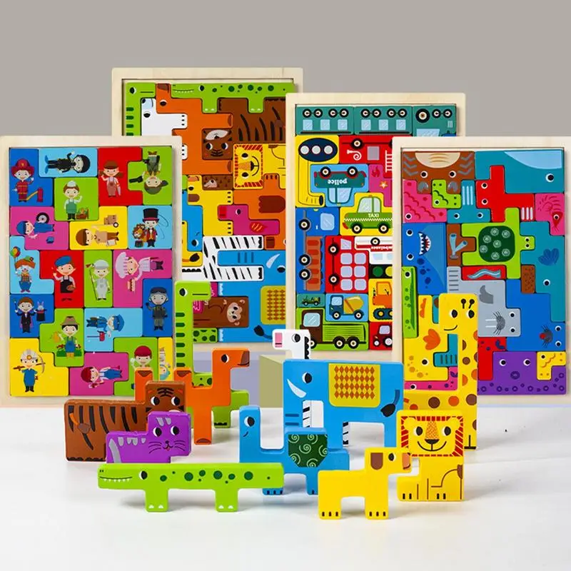 

Animal Puzzle Blocks Wooden Puzzles For Kids Tangram Puzzle Toy People Sea Animals Vehicles Russian Blocks Game Children's Gift