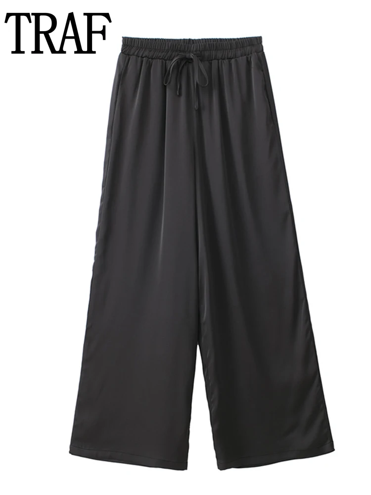 

TRAF 2022 Black Wide Pants For Women High Waist Pants Sets Woman Fashion Summer Baggy Casual Pants Streetwear Wide Leg Trousers