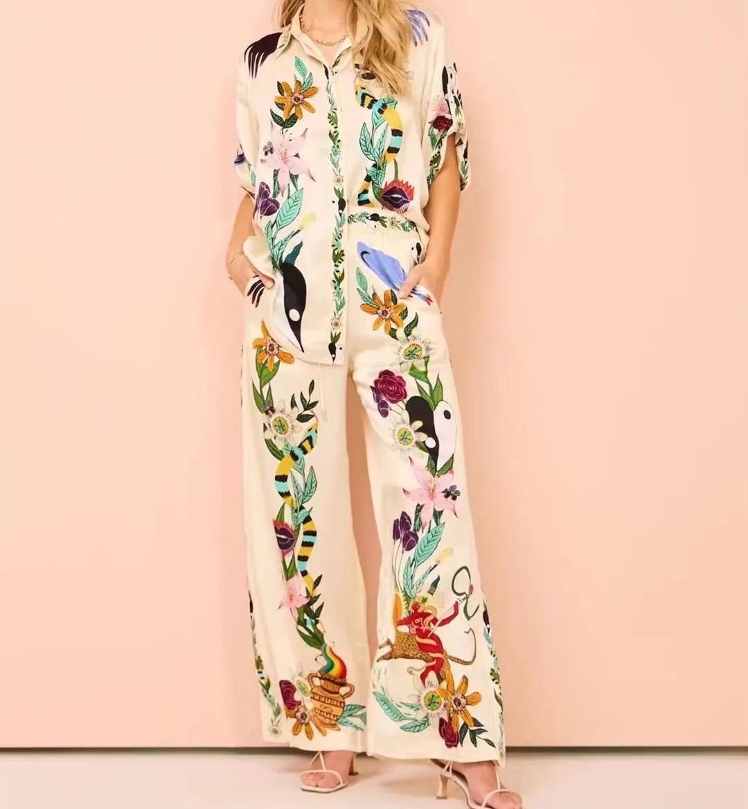 

Женская шелковая рубашка 100%, атласная однобортная блузка с коротким рукавом и цветочным принтом или длинные брюки с широкими штанинами