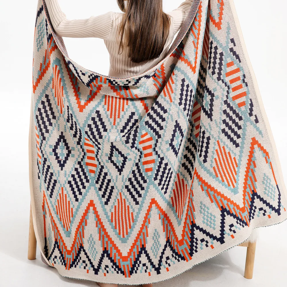 

New Bohemian Style Geometric Knitted Blanket With Four Corners Tassel Decor Air Conditioning Sofa Nap Cover Home Bed Decorative
