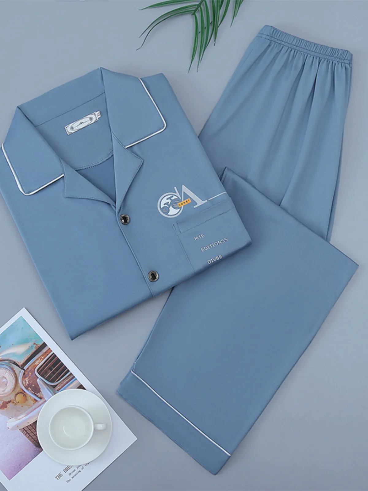 Men's Pajamas Spring and Autumn Long sleeve Cotton Youth Thin Loose Boys Plus size Casual Home Wear Set