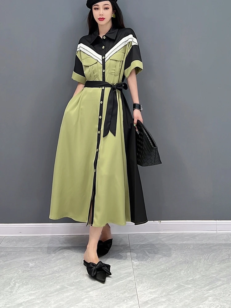 

SuperAen 2022 Summer New Fashion Patchwork Turn-down Collar Pockets A-LINE Casual Ankle-Length Dresses for Women