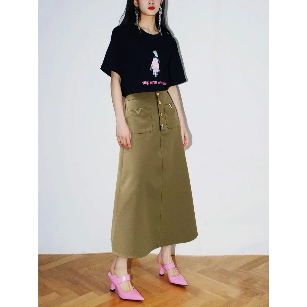 

Commuter Fashion 2023 Early Autumn V Metal Embossed Long Suit Half Skirt Women's Solid Color Simple Elegant Midi Skirt Clothing