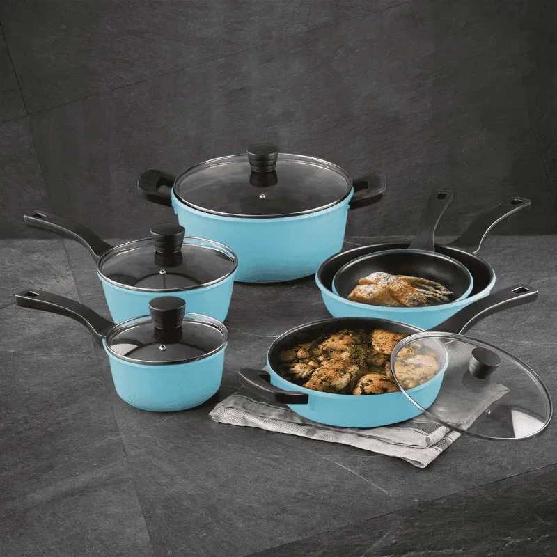 

10 шт. антипригарных алюминиевых кастрюль и сковородок в стиле ретро от Bergner, набор посуды, 10 шт., синий цвет