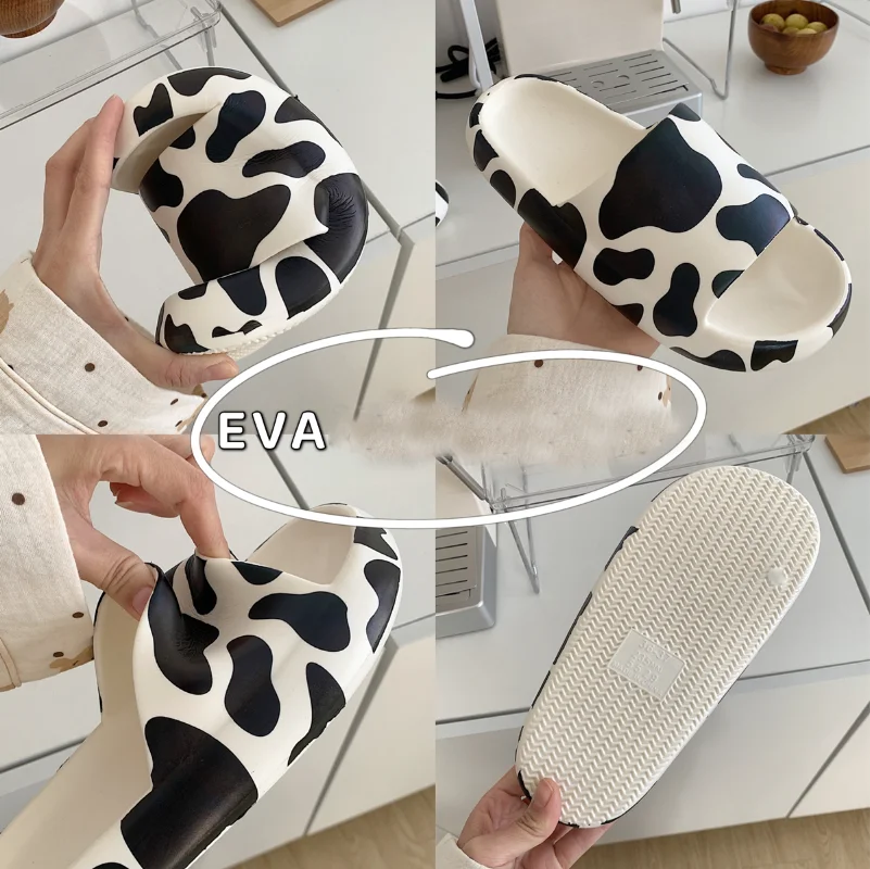 Women Lovely Cow Slippers Summer Home Non-Slip Indoor Soft Thick Sole Platform Eva Shoes Outdoor Beach Shoes Bathroom Slides