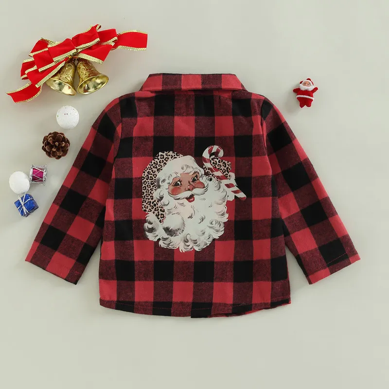 

Рождественские рубашки для детей, клетчатая футболка, куртка на осень и зиму, кардиган с лацканами и длинным рукавом на пуговицах для малыше...