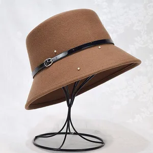 omen Wool Felt Flowers Church Bowler Hats Winter Belt Bucket Hats Ladies Wool Felt Floppy Wide Brim Dress Church Hat
