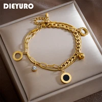 dieyuro 316l stainless steel 2 layer roman numeral dial charm bracelet for women fashion girls wrist jewelry party birthday gift