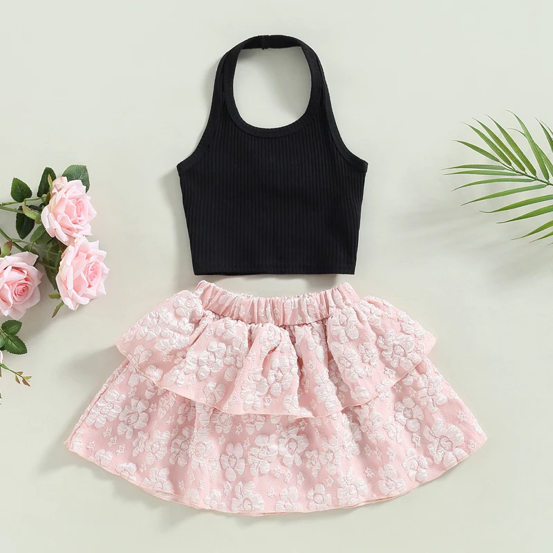 

EWODOS 3-7 Years Kids Girl Summer Outfit Skirt Sets Fashion Sleeveless Tank Tops + Elastic Waist Double Layer Jacquard Skirt Set