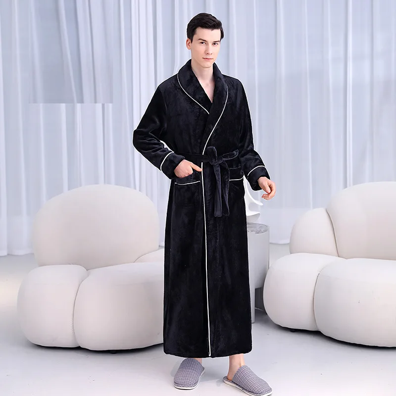 2022 Newest Winter Long Couple's Dressing Gown Warm Flannel Bath Belt Robes Night Sleepwear Women Men Kimono