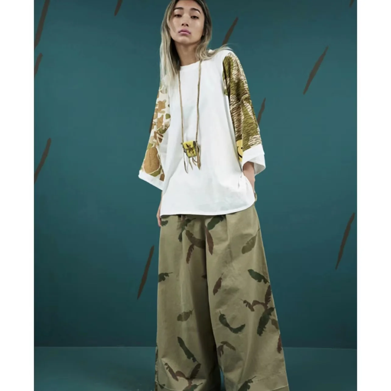 

KAPITAL Hirata Hohiro Summer Japanese Cotton Smiley Face Camouflage Printed Short Sleeve Loose Men's and Women's T-shirt