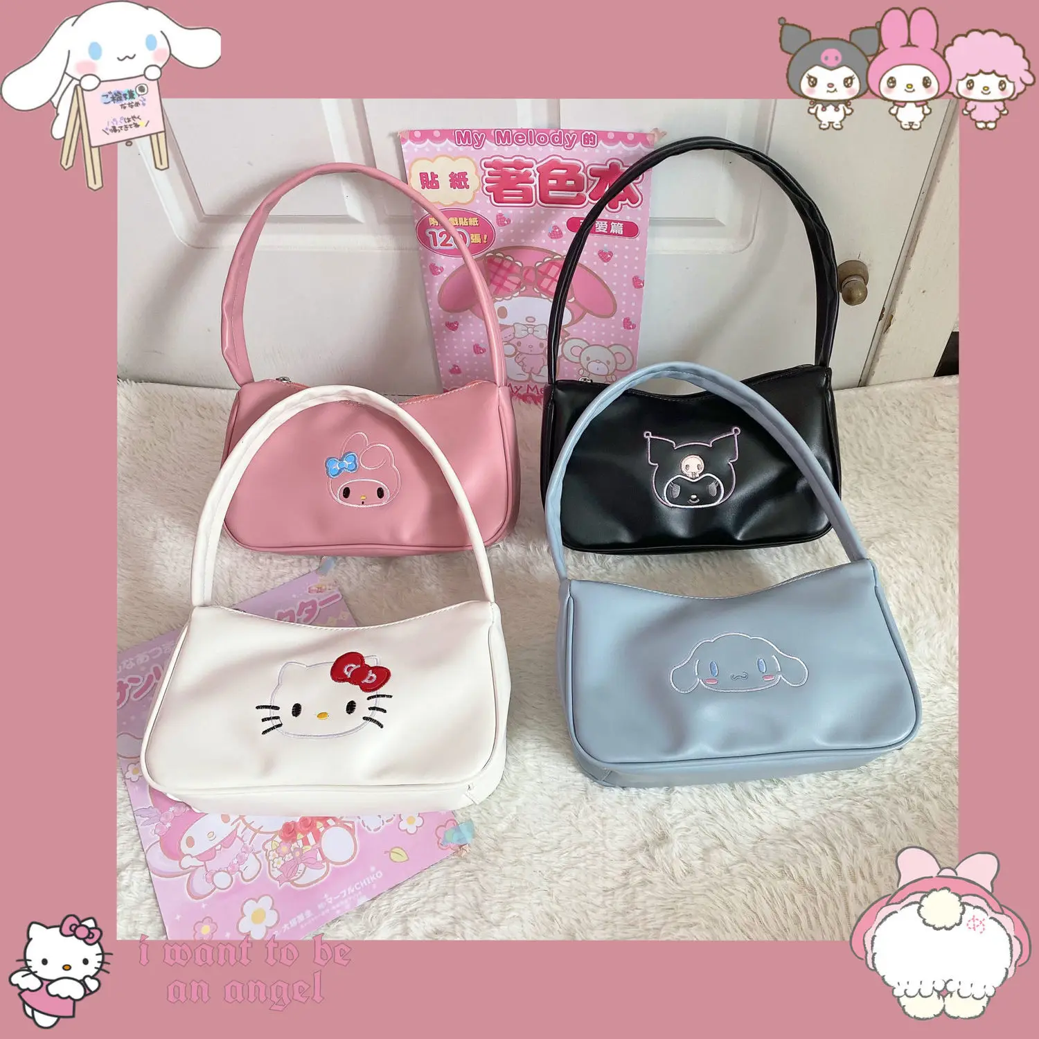 

Sanrio All-match Kawaii Cute Daily Japanese and Korean Girl Student Pu Leather Cinnamoroll Kuromi Y2k Portable Armpit Bag Gift