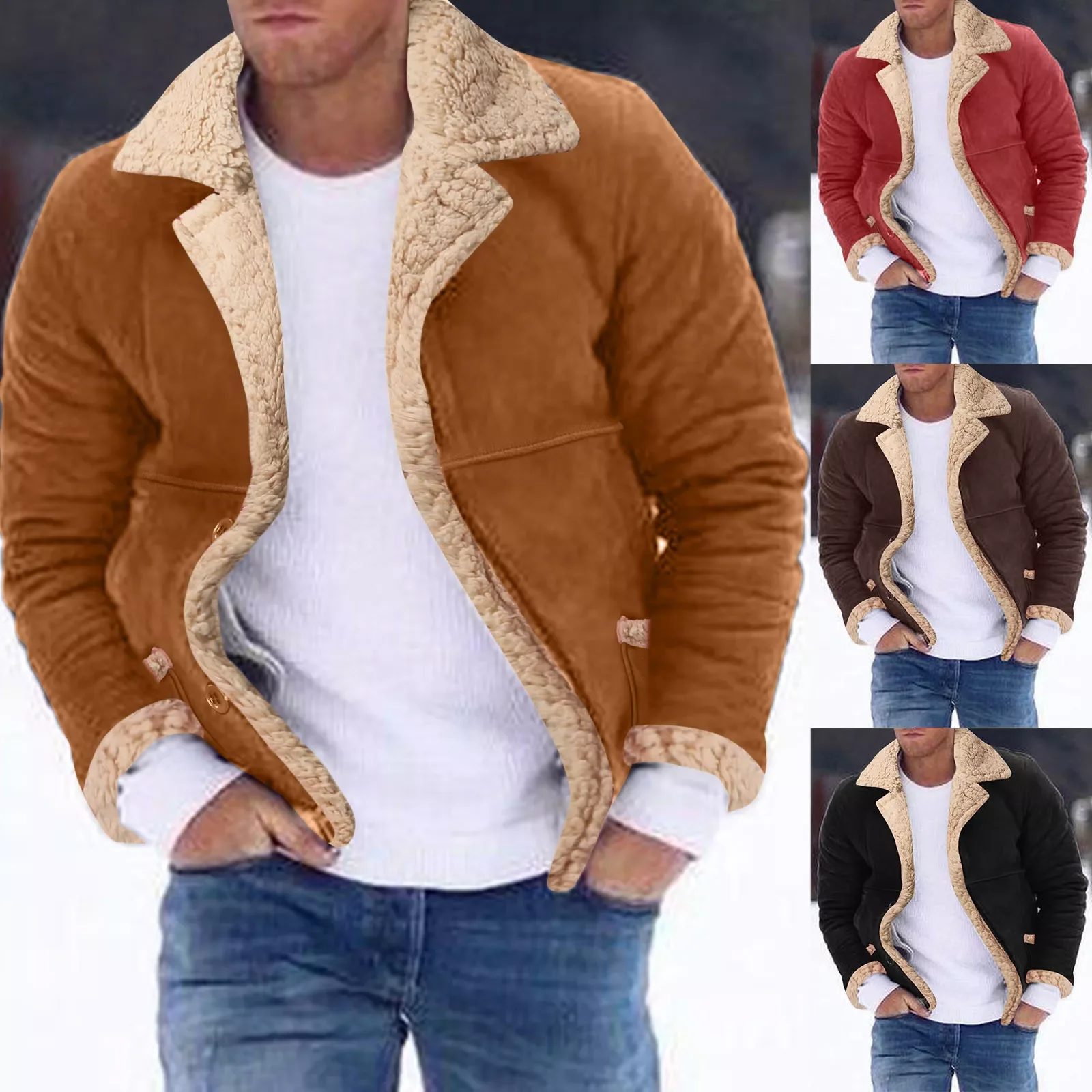

NEW IN Men Winter Coat Lapel Collar Long Sleeve Padded Leather Jacket Vintage Thicken Coat Sheepskin Mid Length Jacket Men