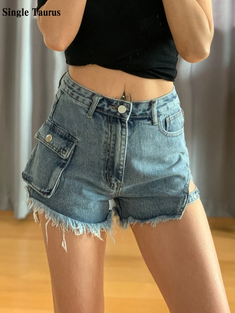 

Дымчато-серые джинсовые шорты с завышенной талией, свободные шорты с боковым карманом в Корейском стиле, юбка трапециевидной формы из спанд...