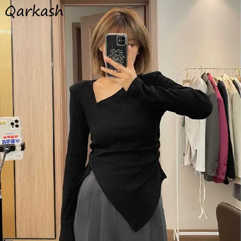

Long Sleeve T-shirts Women S-3XL Asymmetrical Collar Design Tops Spring Slim Tees Korean Style Solid Skinny Chic Teens Clothes