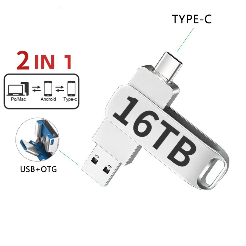 

2in1 U Disk 16TB 10TB 2TB USB3.0 Type-C Interface Smartphone Computer Mutual Transmission Portable Memory pen drive Metal