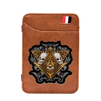 high quality masonic skeleton skull pu leather mini small magic wallets purse pouch plastic credit bank card case holder