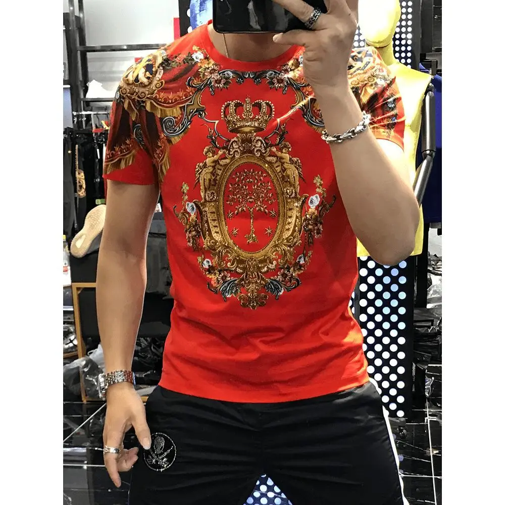 

Summer new men's short sleeve T-shirt fashion fashion brand personality slim print drill half sleeve men's handsome jacket