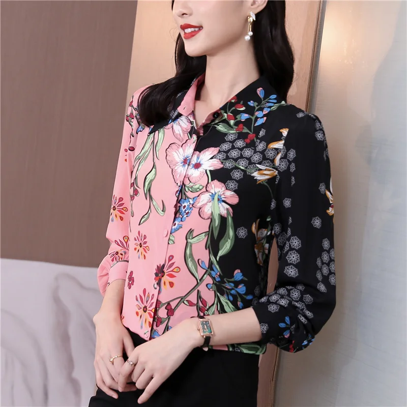 

New Spring Summer Fall Runway Vintage Floral Print Collar Long Sleeve Womens Party Casual Temperament OL Work Top Shirts Blouse