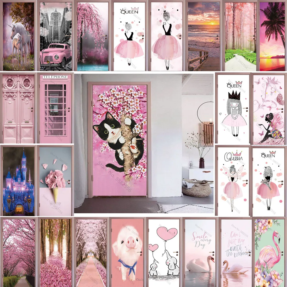 PVC Home Decor Pink Door Sticker Bathroom Bedroom Self-adhesive Cat Girls Room Wallpaper Renovation Scenery Poster Waterproof