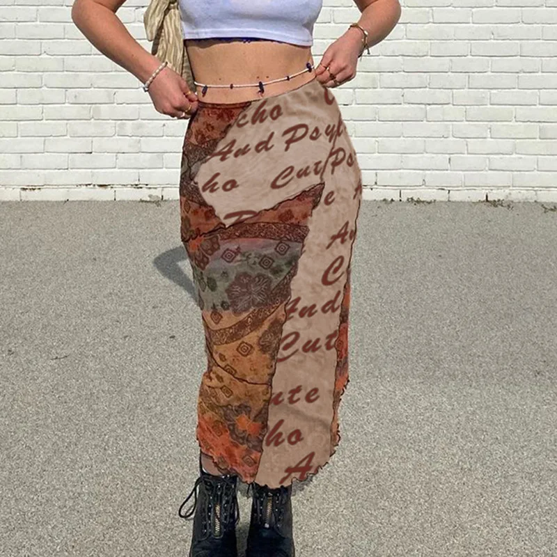 

Patchwork Skirt Women Y2k Retro Straight Skirts Print Letter E Girl 2000s Harajuku Aestheticn Summer High Waist Streetwear Skirt