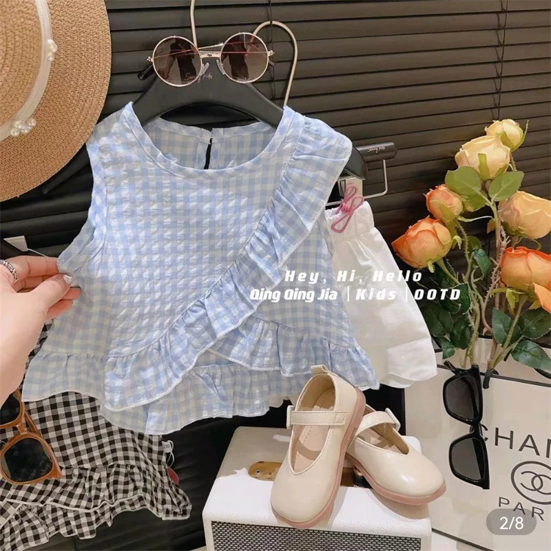 Одежда для девочек insWind летний костюм детский клетчатый Топ без рукавов и шорты