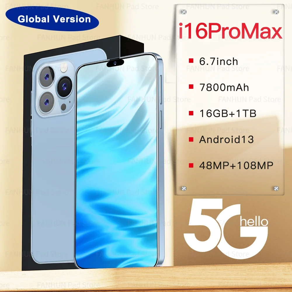 

2024 New 16 ProMax Android 13 Smart Phone 6.7 inch 16GB+1TB Unlocked 7800mAh 4G/5G Network 48MP+108MP mobile phones