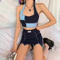 2021 summer womens sexy 2 piece sets outfits sexy sleeveless patchwork color block halter crop top and mini skirt set y2k new