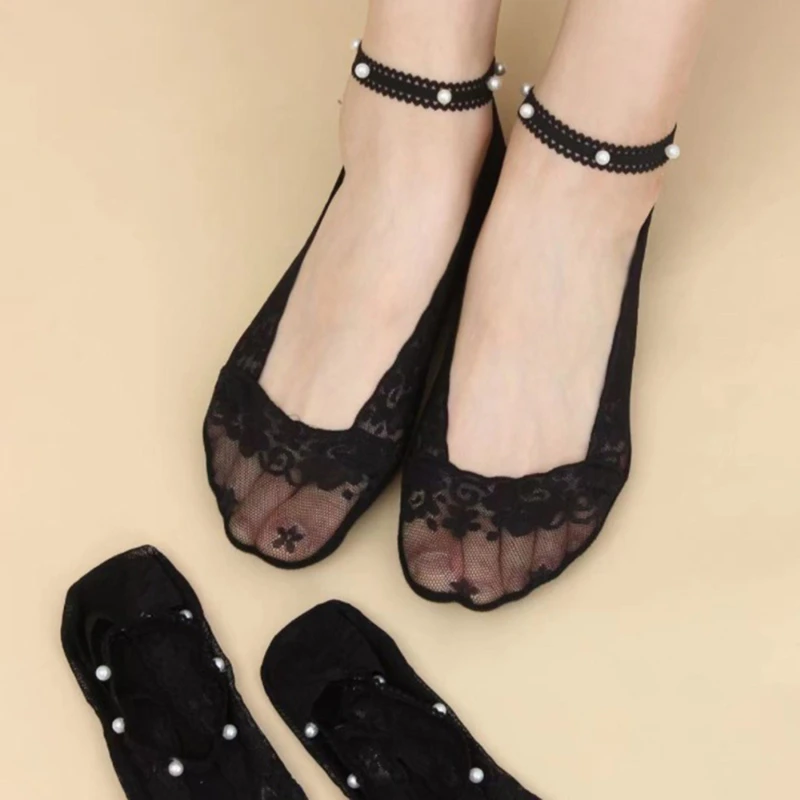 

Shallow Thin Lace Sole Anti-Slip Socks Lace Pearl Socks Summer All-Match Ankle Socks Breathable Sweet Sexy Invisible Socks