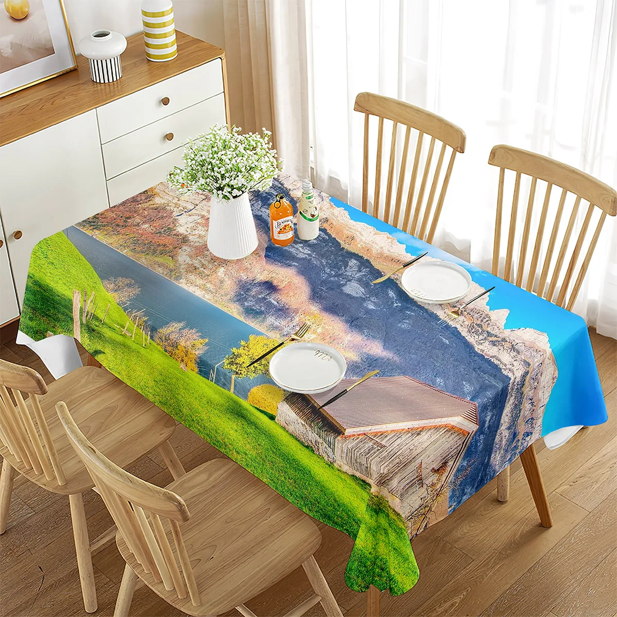 

Tablecloth Landscape Waterproof Rectangle Table Cover House Amazing View Countryside Great for Parties, Holiday Dinner, Wedding