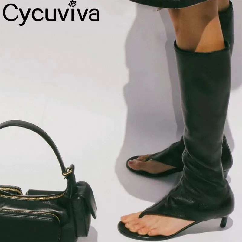 

Black Leather Knee High Boots For Women Open Toe High Heels Summer Boots Fashion Runway Party Elastic Chelsea Long Boots Women