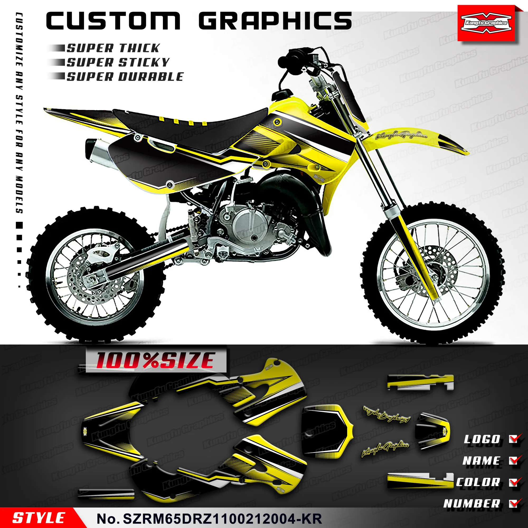 Наклейки KUNGFU GRAPHICS MX для мотоциклов Suzuki RM65 и DRZ110 02 03 04 05 06 07 08 09 10 11 12 SZRM65DRZ 1100212004 -KR