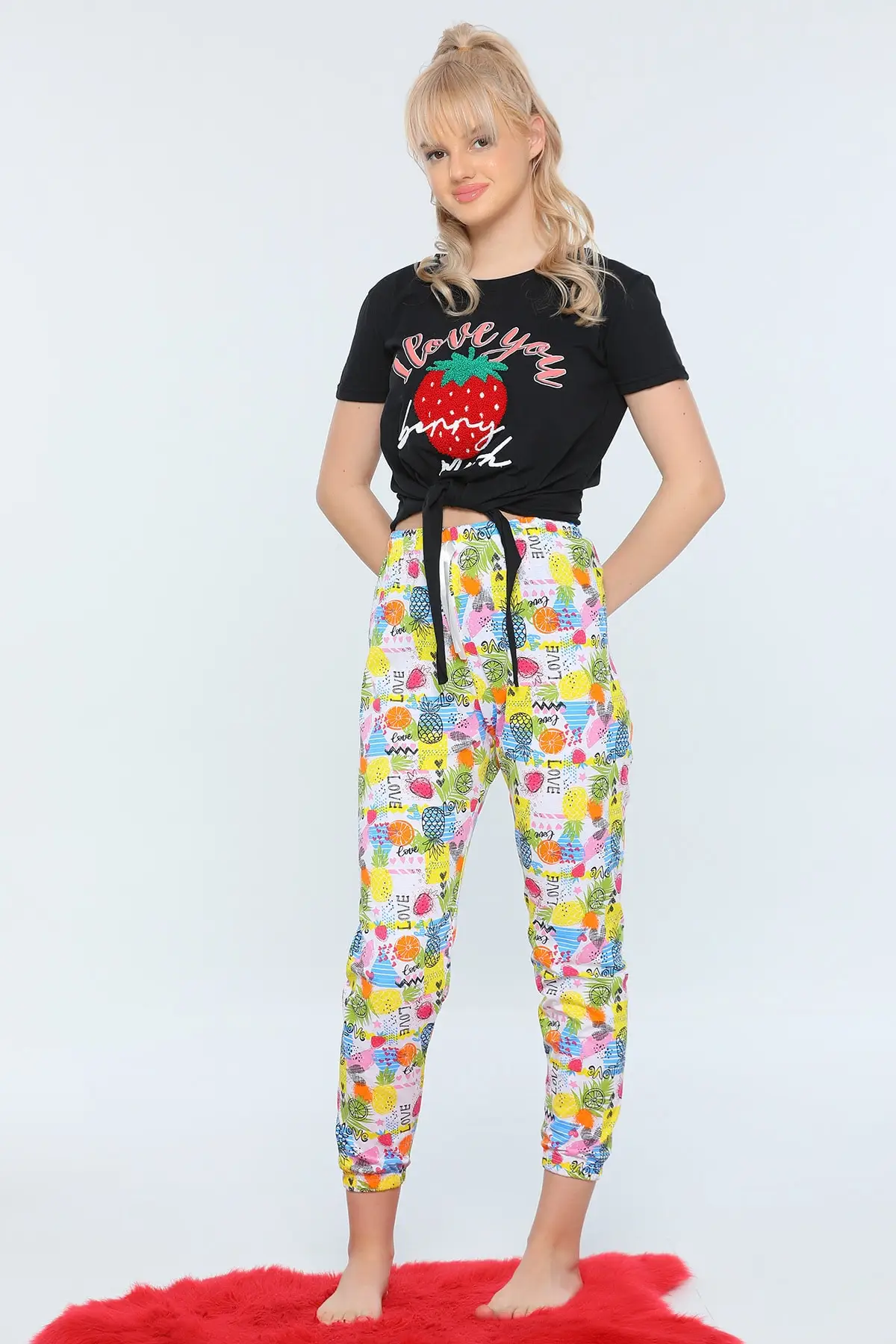 

Women's Pajamas Black Lycra Crew Neck Front Tied Bottom Patterned Sleep Lounge Pajamas Nightwear Sleepwear Night Suit