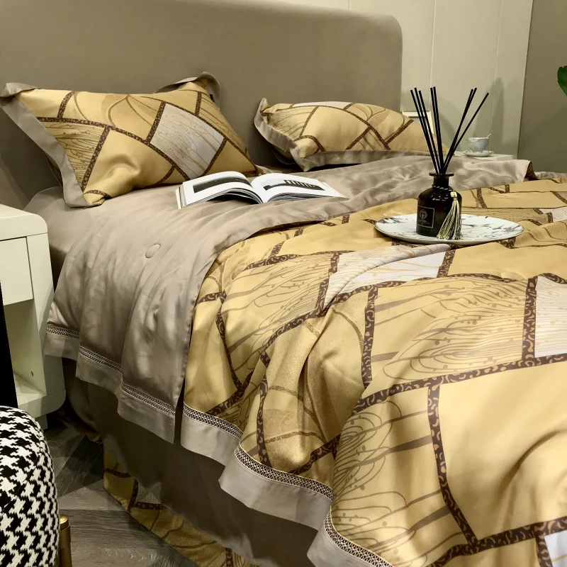 Light Luxury European Sle Lanjing 80 Pieces Double-sided Summer Quilt Air Conditioner Blanket Four-Piece Wash...