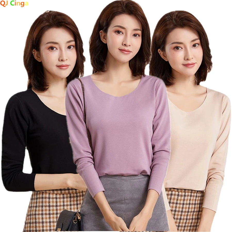 Autumn and Winter O Collar Bottom Blouse Women's Slim Fit Fleece Blouse Women Long Sleeve Warm Clothes Thermal Underwear Tops