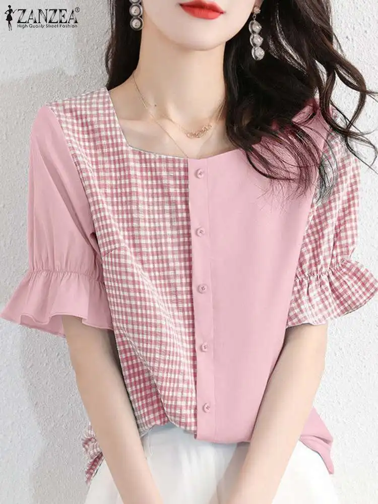 

Fashion Women Patchwork Blouse 2022 ZANZEA Elegant Plaid Checked Shirt Casual Summer Short Sleeve OL Work Blusas Tunic Tops