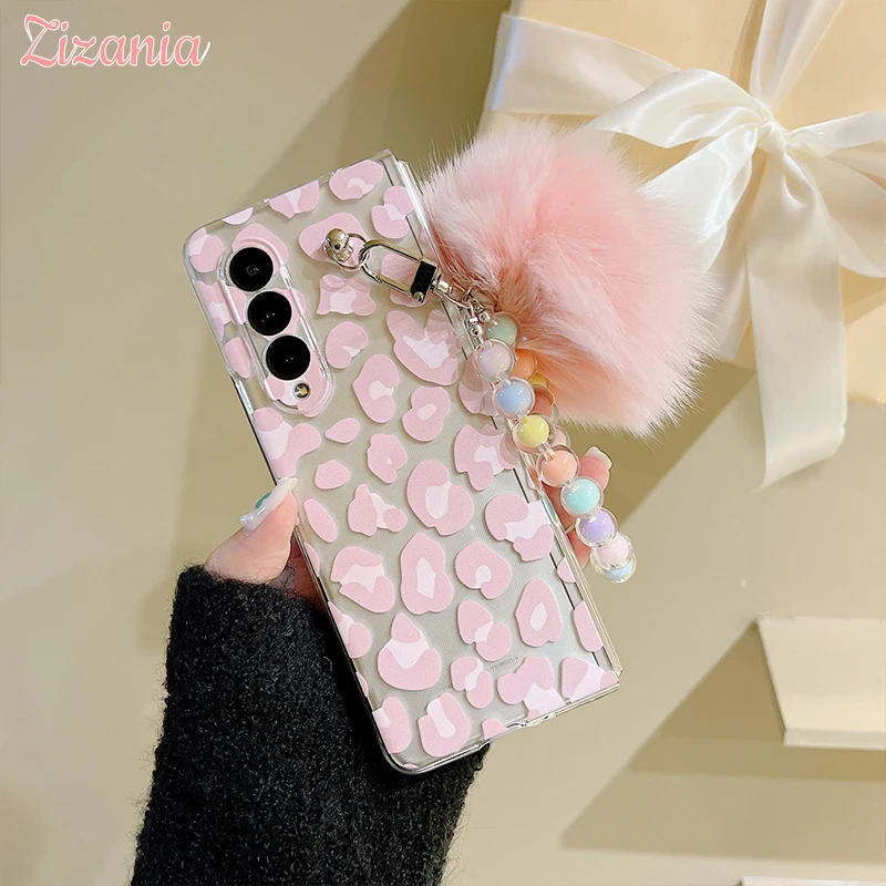 

Pink Cute Leopard Print Case For Samsung Galaxy Z Fold 3 Shockproof Cover with Bracelet Lovely Accessory Gift girl Phone Cases