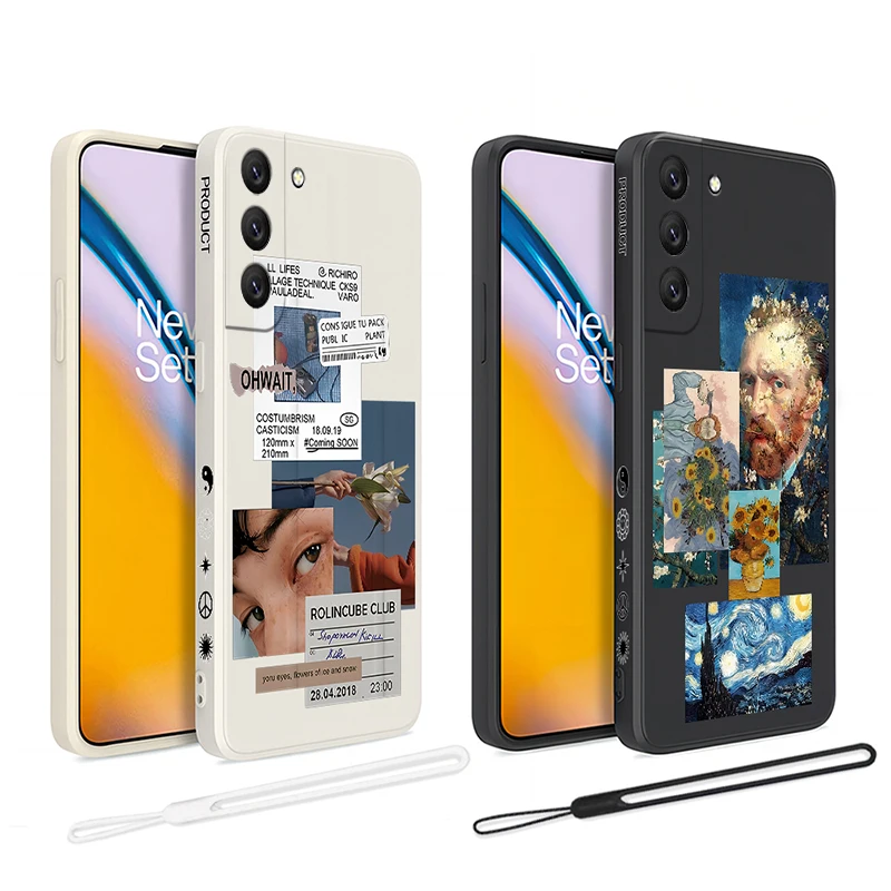 

Creative Label Art Phone Case For Samsung Galaxy S23 S22 S21 S20 Ultra Plus FE S10 S9 Note 20 10 Plus Silicone Cover With Strap