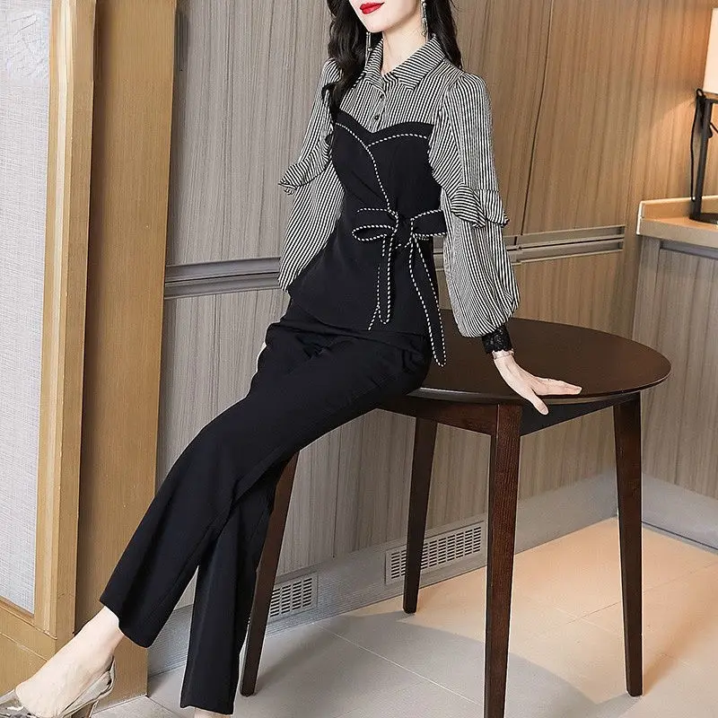 

2022 Spring Autumn New Women's Casual Fashion Commuter Temperament 2 Pieces Suit Female Striped Shirt and Straight Pants Set H10
