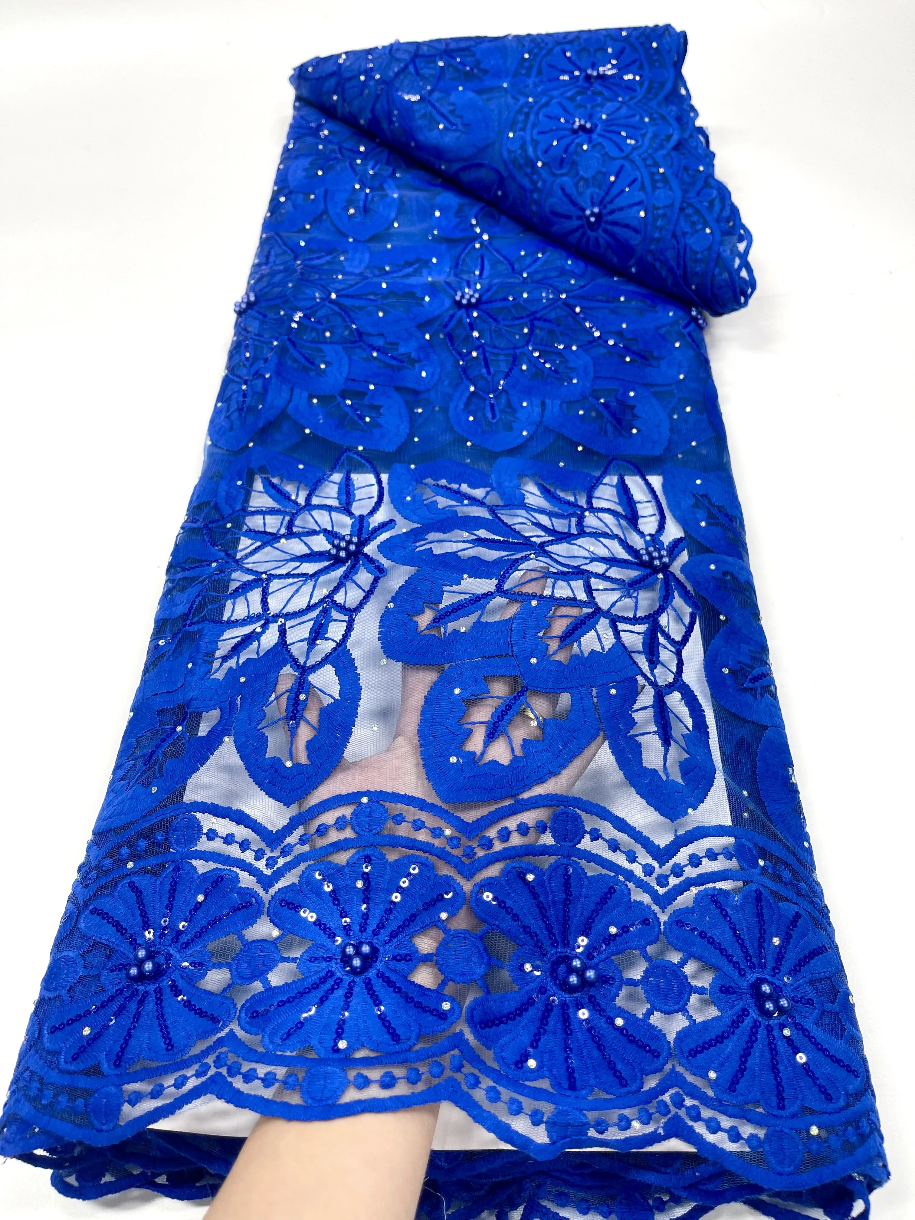 

NJYN102 Royal Blue Embroidered French Tulle Lace with Sequins & Beads,2022 New Arrival African Net Lace for Party/Wedding Dress!