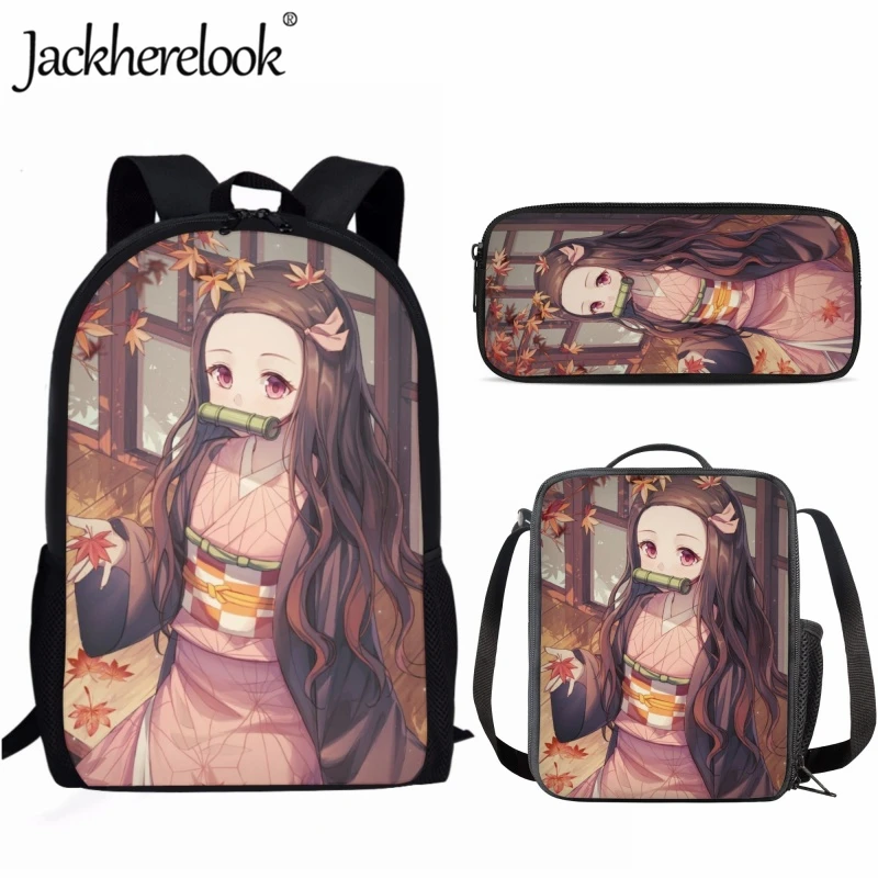 Jackherelook Anime Demon Slayer Kamado Nezuko Schoolbag 3pcs/set for Student Book Bags Lovely Girls Casual Trend Travel Backpack