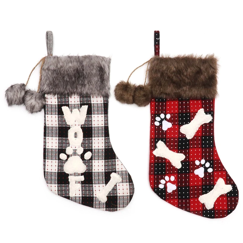 

1Pair Christmas Stockings Pet Dog Gift Bag Hanging Ornament Xmas Socks with Buffalo Plaid Paw Print Xmas Holiday Supply