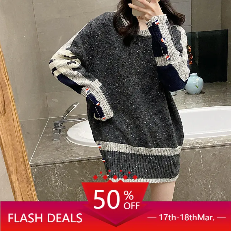 

High Quality Korean Style TB Early Spring New Preppy Front and Back Color-block Wool Vintage Dotted Yarn Pullover Sweater