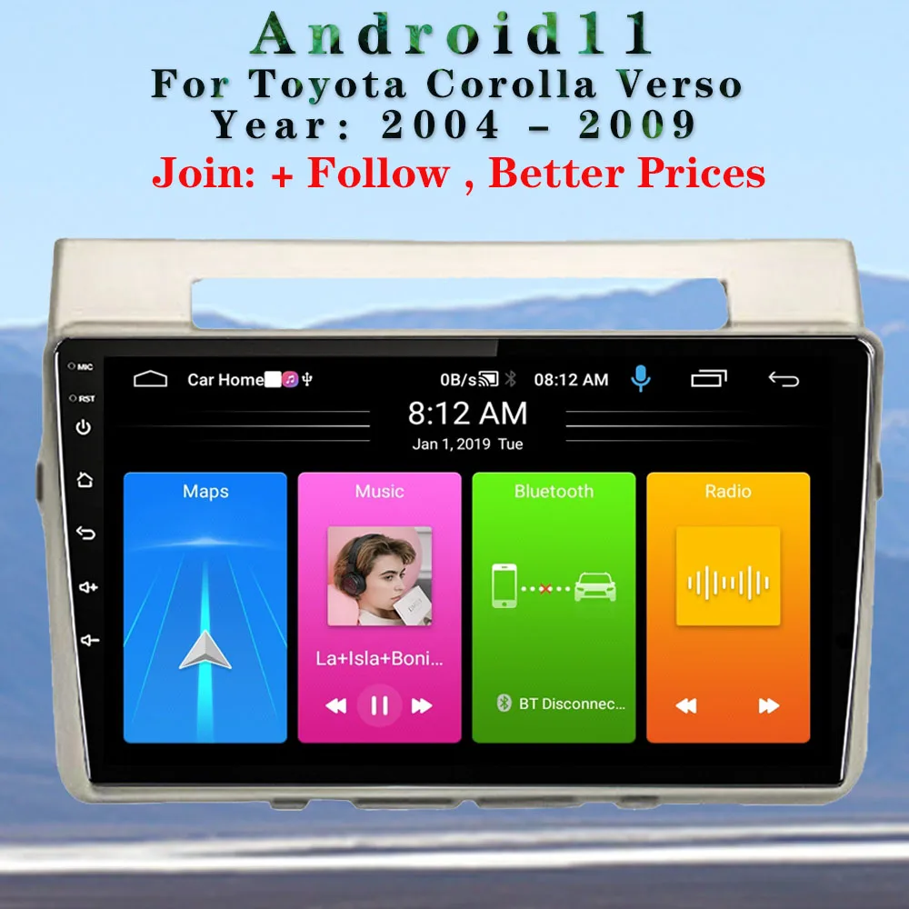 

For Toyota Corolla Verso 2004-2009 Android 11 Radio Car Video System Bluetooth Multimedia Player GPS Navigation wireless Carplay