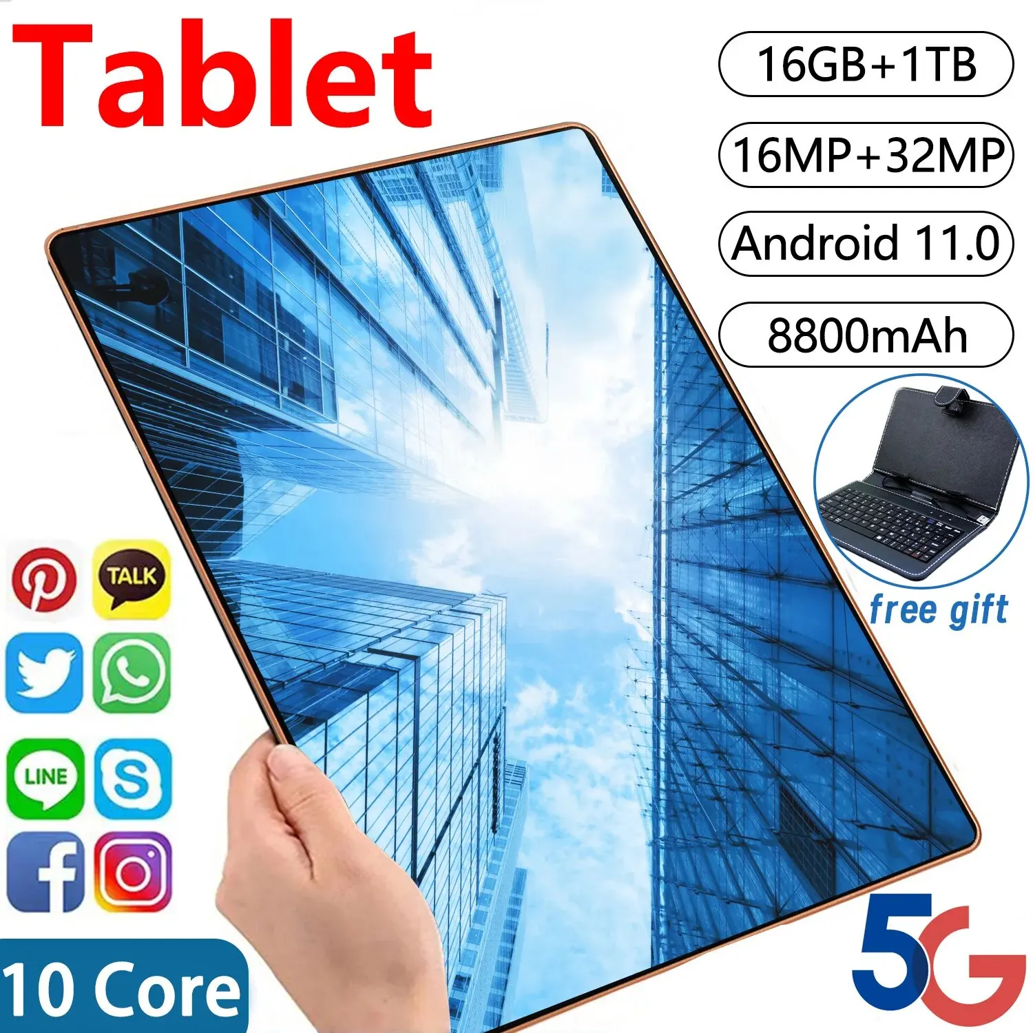 

2023 New 5G Tablet 11.6 inch tablet android 16GB RAM 1TB ROM 8800mAh Android 11.0 MTK6797 Wifi Network Bluetooth fullscreen