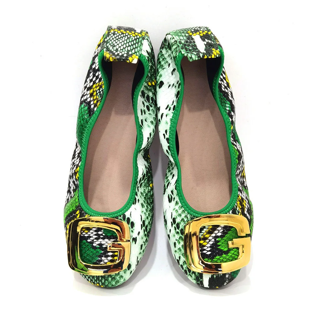 

African Girls Ballet Flats Foldable Alloy Decorative Boat Shoes Women Black Fit Party Wedding Flats